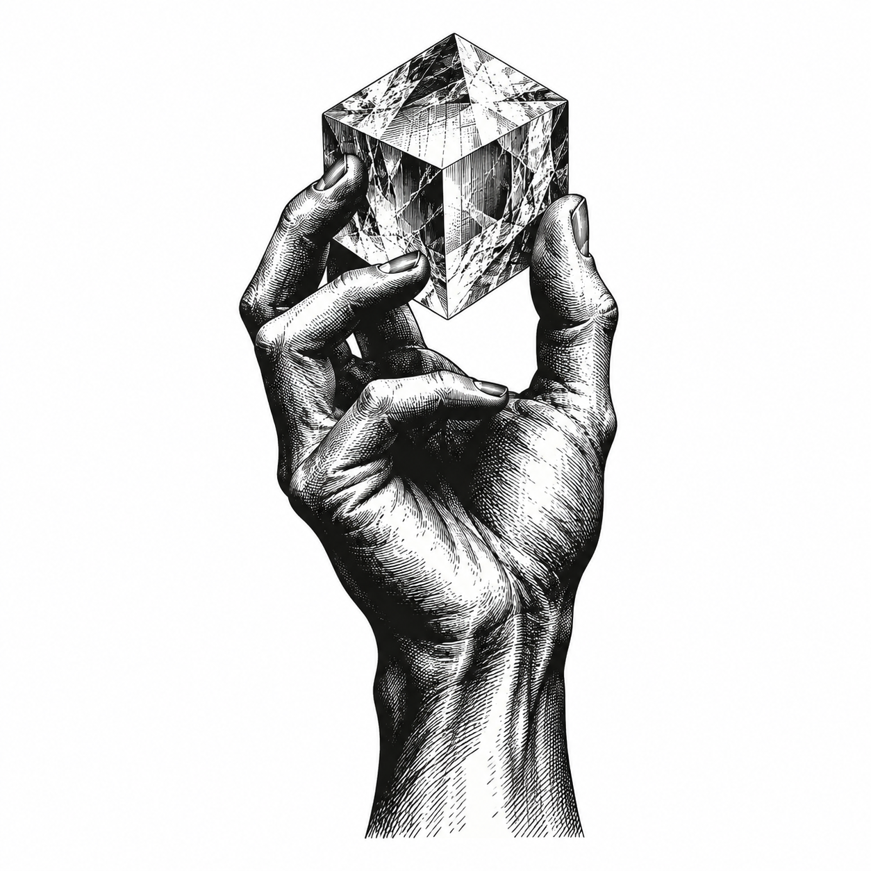 Engraved hand holding a crystalline block